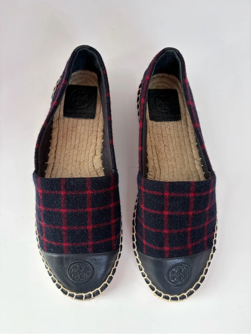 Tory Burch Plaid Espadrilles Colorblock Checked Wool Leather Navy Red Size 9